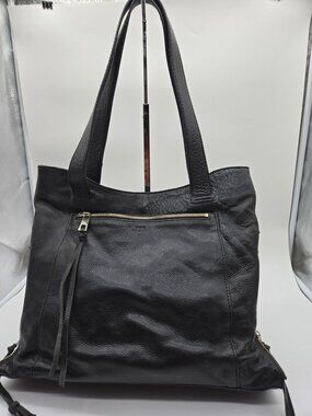 Vince Camuto Black Leather Tote Expandable Side Zippers Double Handle Shoulder B